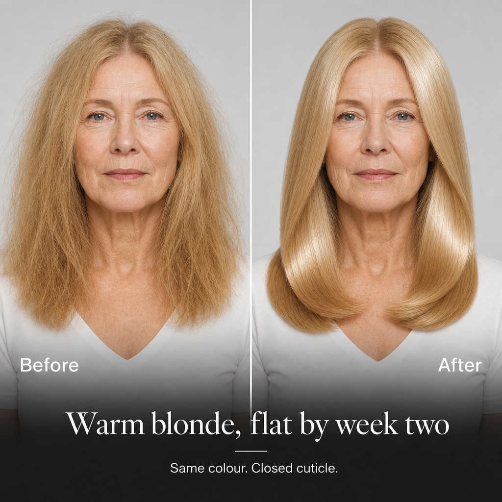 Before and after, warm blonde colour