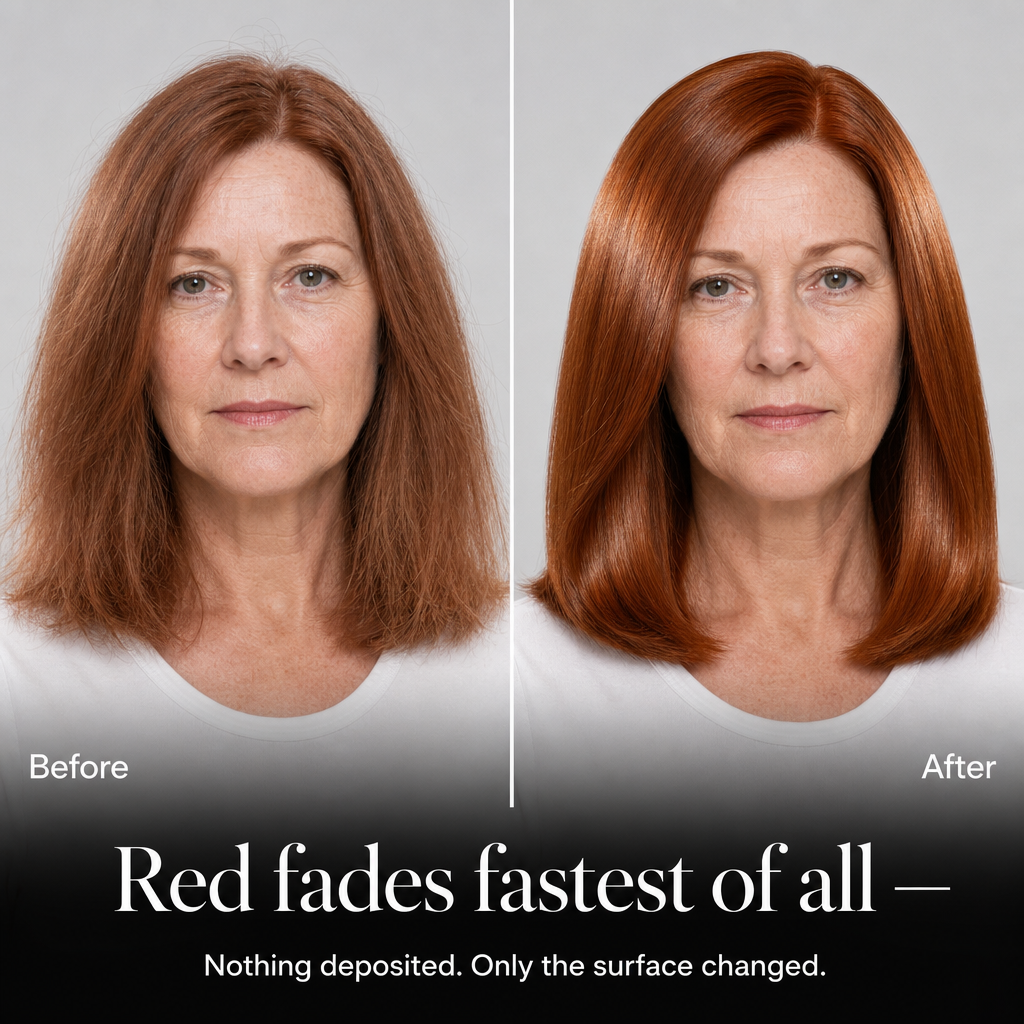 Before and after, auburn red colour